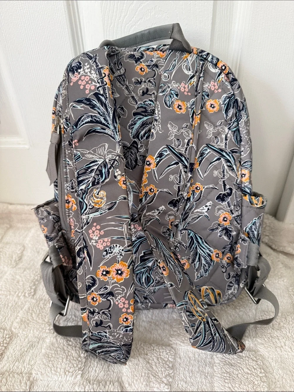 Vera Bradley Gray Floral Quilted Mini Backpack with Yellow Accents